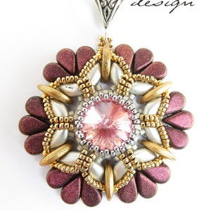 May include: A beaded pendant with a pink crystal in the center, surrounded by gold, silver, and burgundy beads. The pendant is attached to a silver bail.