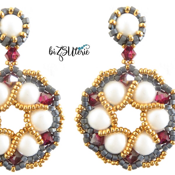 MARYAN earrings- instant download beading pattern in ENGLISH with cabochon beads, Swarovski bicones and Japanese glass beads