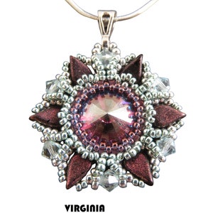 May include: A silver chain necklace with a pendant featuring a large, iridescent, purple-hued crystal surrounded by silver and burgundy beads. The pendant is shaped like a flower with eight petals. The text "VIRGINIA BEADING PATTERN BY bizStitcherie" is below the pendant.
