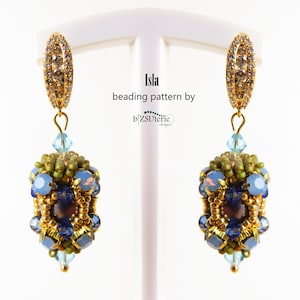 May include: A pair of gold-toned earrings with intricate beadwork. The earrings feature a cluster of blue, green, and gold beads, with a central dark blue bead. The top portion has a gold-colored, oval-shaped design. Text on the image reads "Isla beading pattern by b'ZSUterie design."