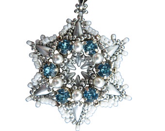 SnowFake pendant - instant download DIY beading pattern, tutorial with seed beads, pearls, chaton montees, DropDuo beads