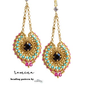 May include: Gold beaded earrings with a black gemstone center, turquoise and pink beads, and a gold chain. The earrings are labeled "Romina beading pattern by bZSuterie Design."