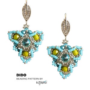 May include: A pair of silver earrings with a blue and green beaded design. The earrings are shaped like a teardrop and have a leaf-shaped dangle. The text "DIDO BEADING PATTERN BY bizSlitterie" is visible below the earrings.
