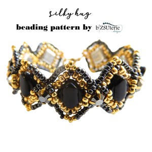 May include: A black and gold beaded bracelet with a geometric design and black gemstone accents. The bracelet is called "Silky Hug" and is a beading pattern by bZsuterie design.