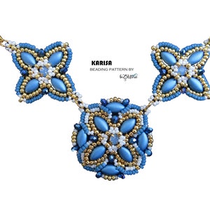 May include: A beaded necklace with a floral design. The necklace features light blue, gold, and white beads arranged in a symmetrical pattern. The text "KARISA BEADING PATTERN BY bizZuteria" is visible.