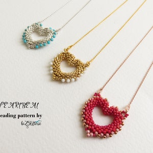 May include: Three beaded heart necklaces with different colored beads. The top necklace has turquoise beads, the middle necklace has white beads, and the bottom necklace has pink and red beads. The text "HEARTBEAT beading pattern by bizSutterie" is visible below the necklaces.
