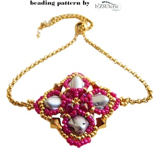 May include: A pink and silver beaded bracelet with a gold chain and a sliding clasp. The bracelet features a square-shaped design with a beaded flower in the center. The text "silky lover beading pattern by bZSuterie design" is visible above the bracelet.