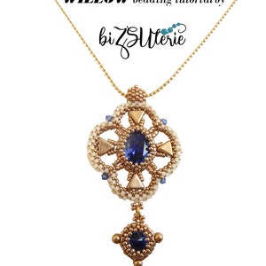 May include: A gold chain necklace with a pendant featuring a blue gemstone surrounded by white and gold beads. The pendant is shaped like a flower with a smaller blue gemstone at the bottom. The text "WILLOW beading tutorial by bizSutterie" is visible at the top of the image.