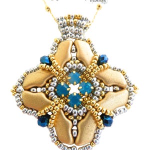 May include: A gold and silver beaded pendant with a blue and black crystal design. The pendant is shaped like a four-pointed star. The pendant is labelled "Leatha beading pattern by b'ZSuiterie".
