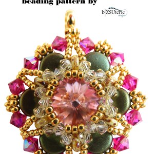 May include: A beaded pendant in the shape of a flower with a pink crystal center, surrounded by gold, green, and pink beads. The pendant is labeled "floresita beading pattern by bZSuterie design".