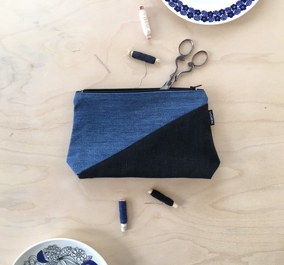 Recycled Denim and Linen Cosmetic Bag Colourblock Blue and | Etsy