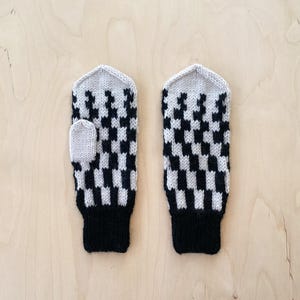 May include: A pair of black and white checkered knit mittens with black cuffs.
