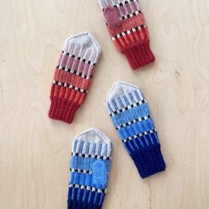 May include: Four pairs of knitted mittens in different color combinations. The mittens are striped with shades of blue, red, orange, and white.