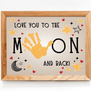 Je t'aime jusqu'à la lune et le dos / Saint-Valentin / Carte d'artisanat d'art d'empreinte de main bricolage / Joyeuse Saint-Valentin / Impression de la Saint-Valentin pour bébé en bas âge