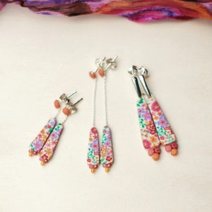 Boucles d'oreilles fines pendantes motif floral orange et mauve sur clou en argent 925, collection 'Lobélie' image 6