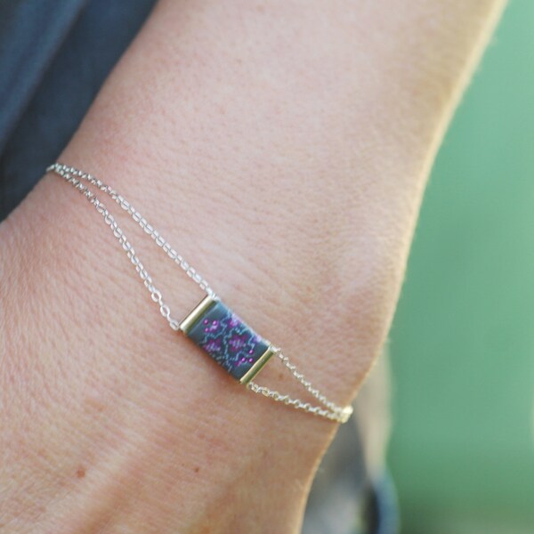 Silver sterling bracelet with gray and fuchsia pink square 'Phlox'