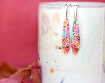 Long earrings with pastel pink and orange floral pattern, 'Lobélie' collection