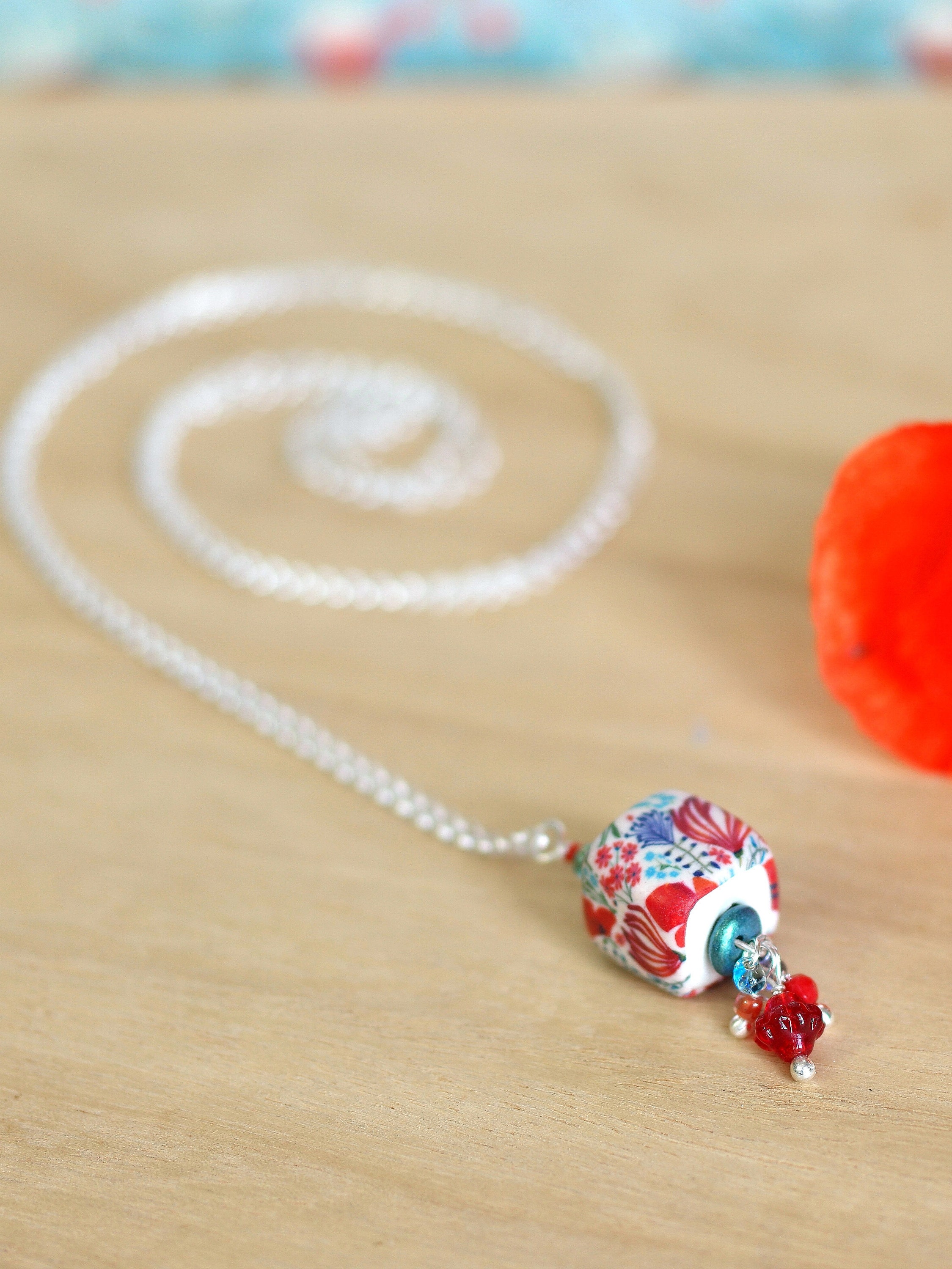 Handmade Clay Flower Necklace With Sterling Silver Chain