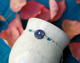 925 silver round cabochon bracelet with blue and pink floral patterns, Nolana collection