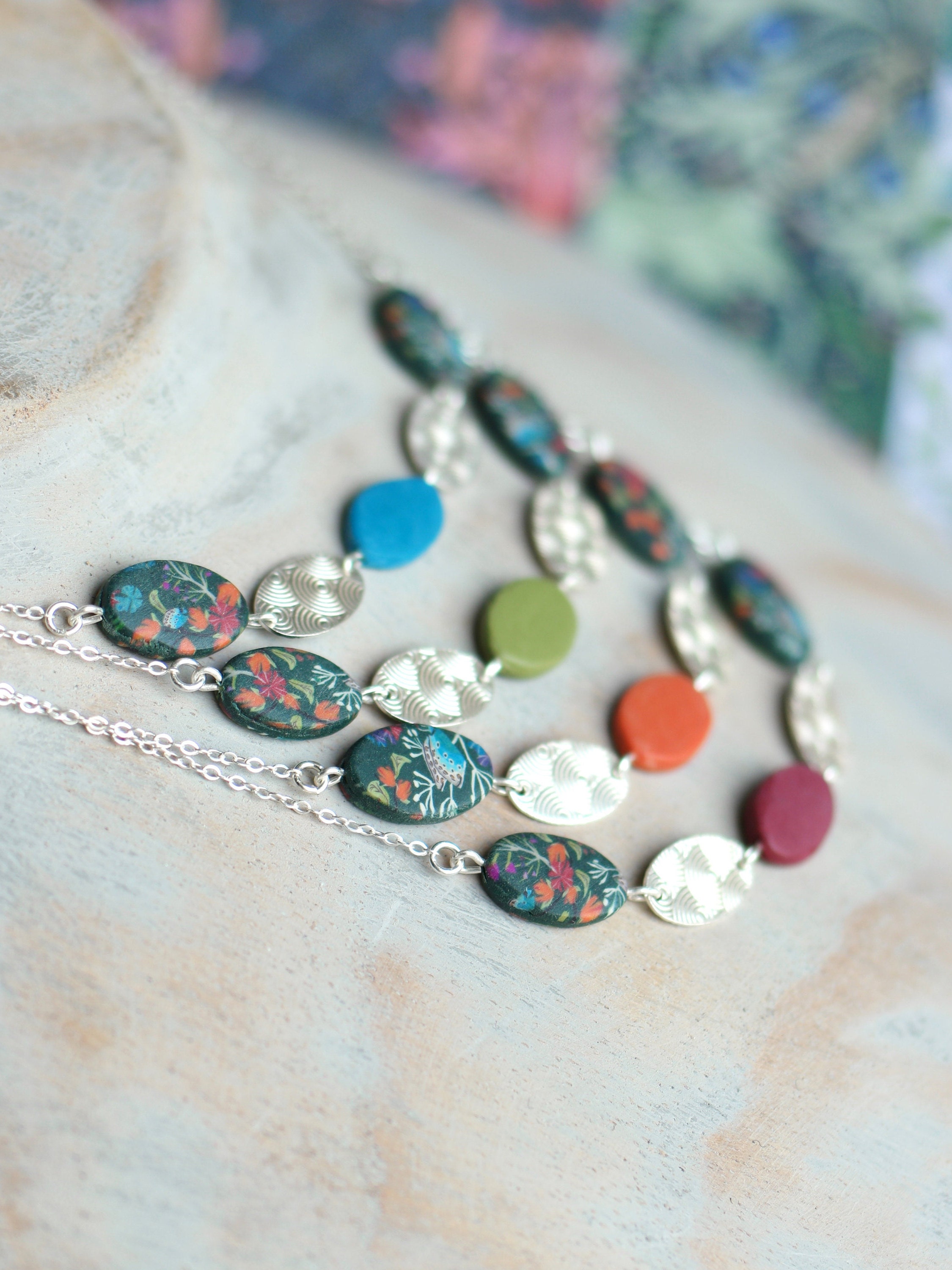 Handmade Clay Flower Necklace With Sterling Silver Chain