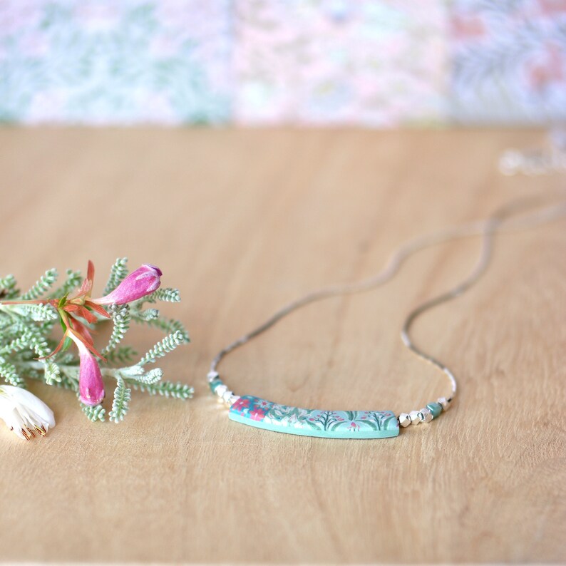 short necklace Pastel green necklace pink and green necklace indian flower patterns sterling silver necklace /'Nalini/'