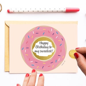 Birthday Scratch Card .  Birthday Gift Card . Birthday Voucher Card . Donut Greeting Scratch Off Card . Surprise Reveal Message .