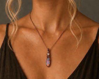 Antique Copper Aurora Opal and Moonstone Pendant