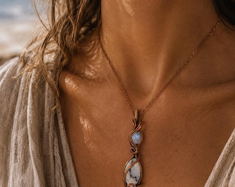Antique Copper Dendritic Opal and Moonstone Pendant