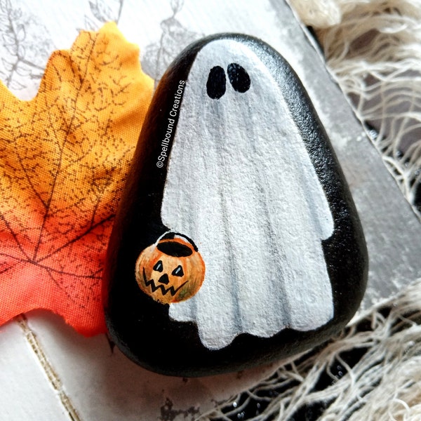 Trick Or Treat Ghost, Painted Rock Art, Pebble, Halloween Gift, Spooky Season, Original Artwork By Delilah Jones, Gift Idea, Art,