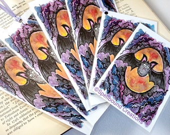 Bat And Moon Spooky Printed Laminated Bookmark. Halloween Gothic. Choice Of Size. Book Lover. Book Of Shadows. Spell Books.