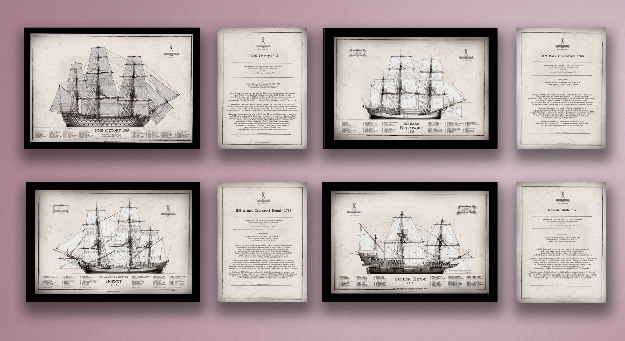 HMS Victory, Bounty, Endeavour and Golden Hinde Prints (unframed