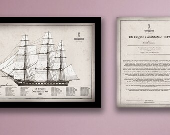 US Frigate Constitution 1812, artist signed print + ship notes
