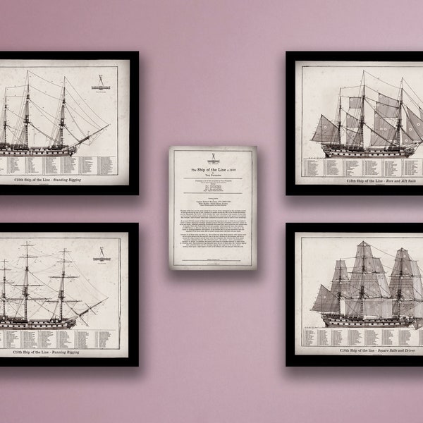 4 Segelschiff der Linie, historische Drucke und Schiffsnotizen