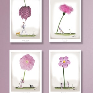 Set of 4 Whimsical Garden pink botanical A4 Prints by Tony Fernandes (prints unframed set No.3)