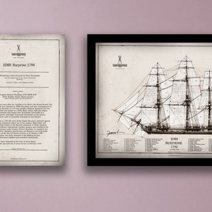 HMS Surprise, artist signed print and ship notes