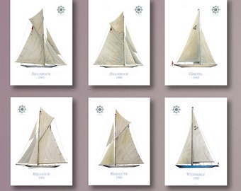 May include: Six vintage sailboat illustrations, each with a white sail and a dark hull. The sailboats are labeled with their names and years: Shamrock 1903, Shamrock 1920, Gretel 1962, Reliance 1903, Resolute 1920, and Weatherly 1962.