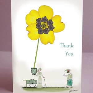 May include: A yellow flower with a black center, a woman with a hat and a shovel, and a man with a hat and a stick. The text "Thank You" is written on the card.
