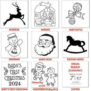 May include: A grid of nine white squares featuring black line art designs including a reindeer, manger, baby rattle, snowman, Santa head, rocking horse, Baby's First Christmas 2024 text, gingerbread figures, and a custom birth data template.