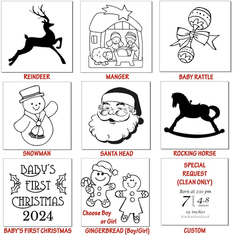 May include: A grid of nine white squares featuring black line art designs including a reindeer, manger, baby rattle, snowman, Santa head, rocking horse, Baby's First Christmas 2024 text, gingerbread figures, and a custom birth data template.