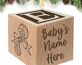 Babys First Christmas Ornament 2026 Personalized Baby Block Custom Engraved Wooden Baby Block for Newborn Infant Boys and Girls