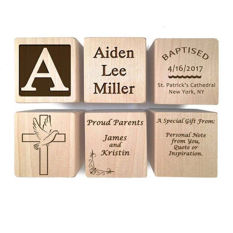 May include: Six wooden blocks with engraved text. The blocks spell out "Aiden Lee Miller" and include the text "Baptised 4/16/2017 St. Patrick's Cathedral New York, NY", "Proud Parents James and Kristin", and "A Special Gift From: Personal Note from You, Quote or Inspiration."