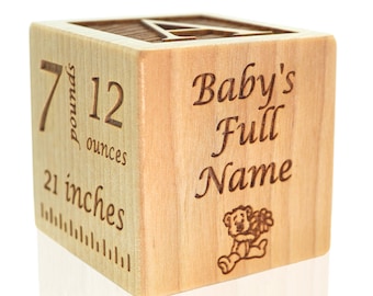 May include: Wooden block with a letter A on one side and a teddy bear illustration on another. The block also has the text "Baby's Full Name", "7 pounds", "12 ounces", and "21 inches" engraved on it.