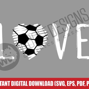 May include: A white graphic design of the word "LOVE" with a black and white soccer ball in the shape of a heart in place of the "O".