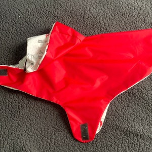 May include: Red and white dog raincoat with a hood. The raincoat has a white lining with a pattern of small black dogs.