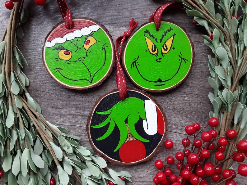 Grinch Hand Painted Wood Christmas Ornaments Dr. Seuss How Etsy
