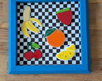Funky Fruit Acrylic Wall Art: Checkered Pop Art Decor