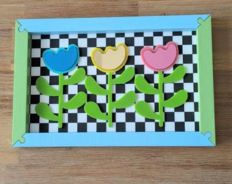 Fluorescent Flower Wall Art: Checkered Pop Art, Maximalist Decor