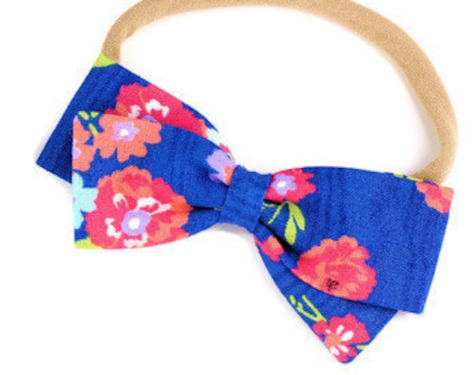 Blue Floral Bow - Cobalt Blue  - Beautiful hair bows for girls - Nylon headbands and alligator clip bows