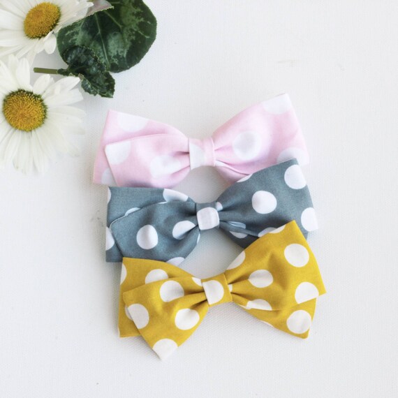7 Girls Polka Dot Pink White Navy Big Hair Bow Set with Bow Holder /& Gift Bag