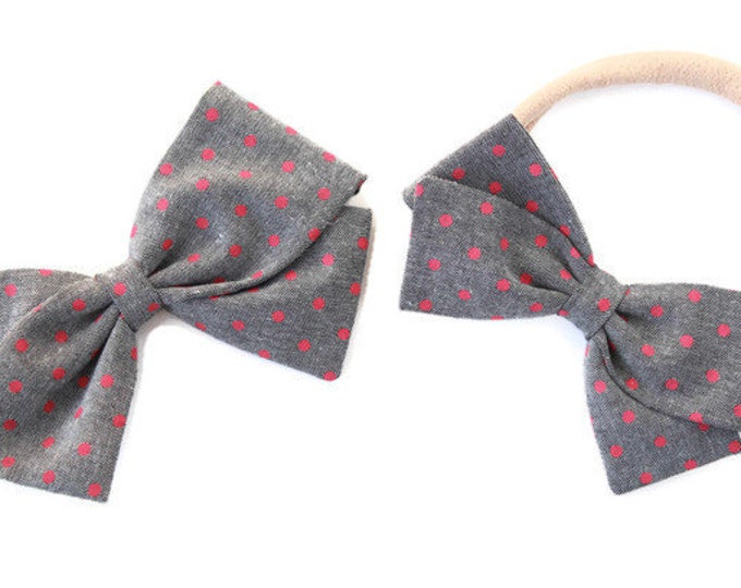 Gray and Pink Baby Bow - Pink Polka dot - Large or Small Bow with nylon headband or clip for girls